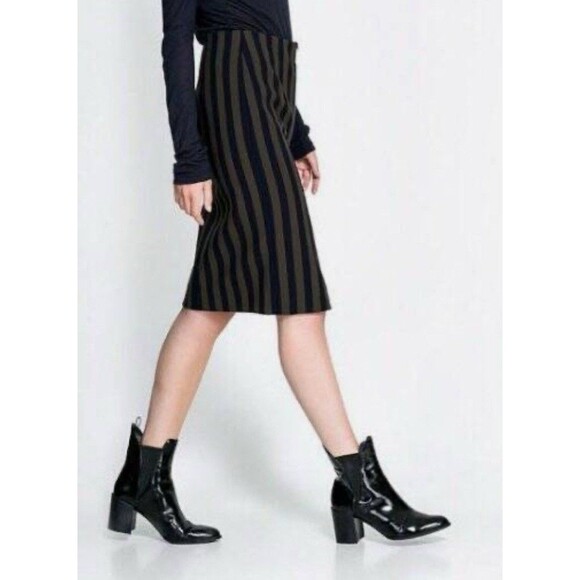 ZARA Med Navy/Olive Stripe Whimsigoth Zip Front Pencil Sheath Skirt High Waist - Picture 4 of 9